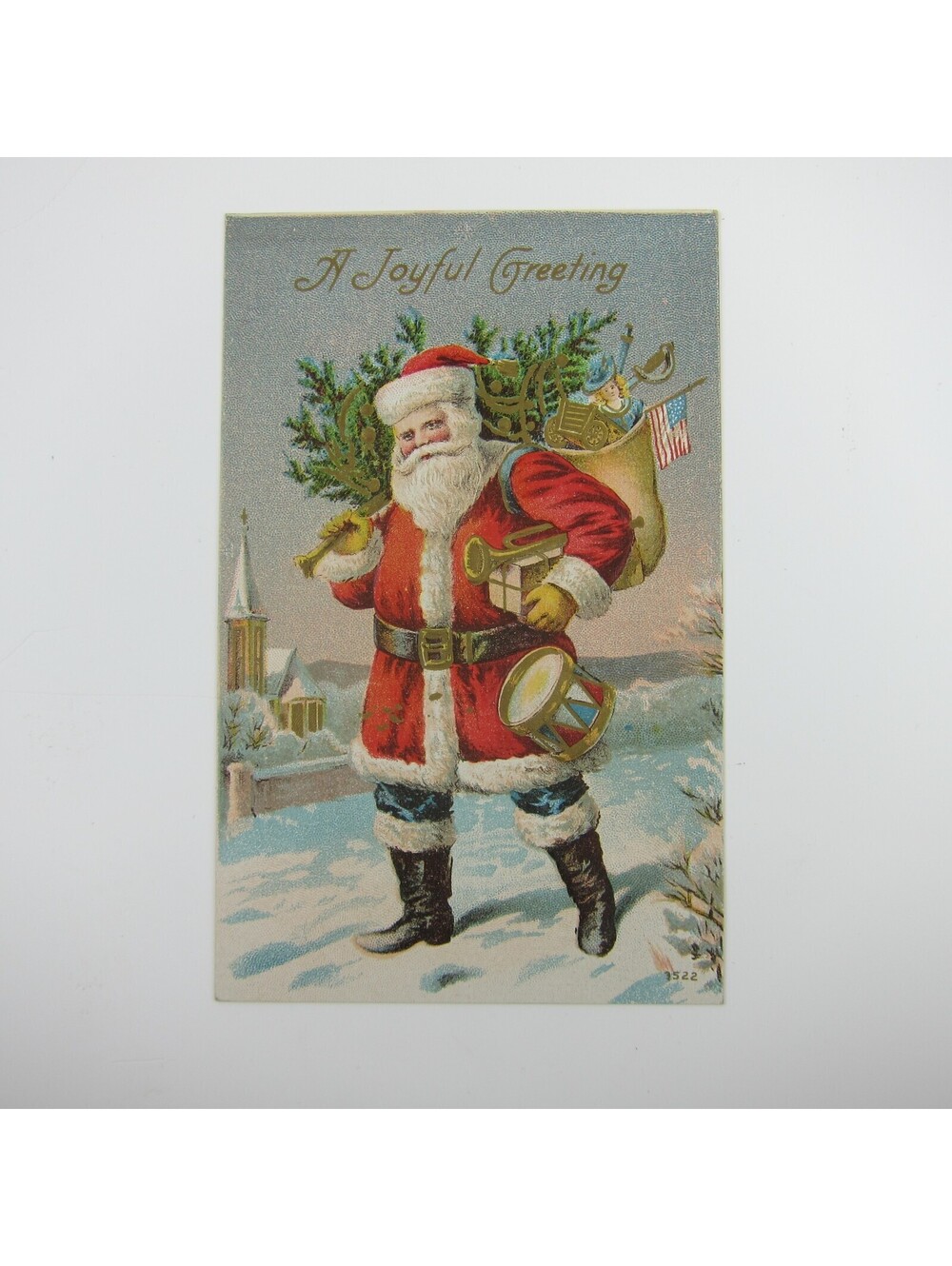 Vintage Christmas Postcard Santa American Flag Toys & Tree Embossed Antique